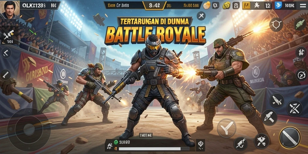 Screenshot OLX128 memperlihatkan aksi seru dalam pertempuran Battle Royale.